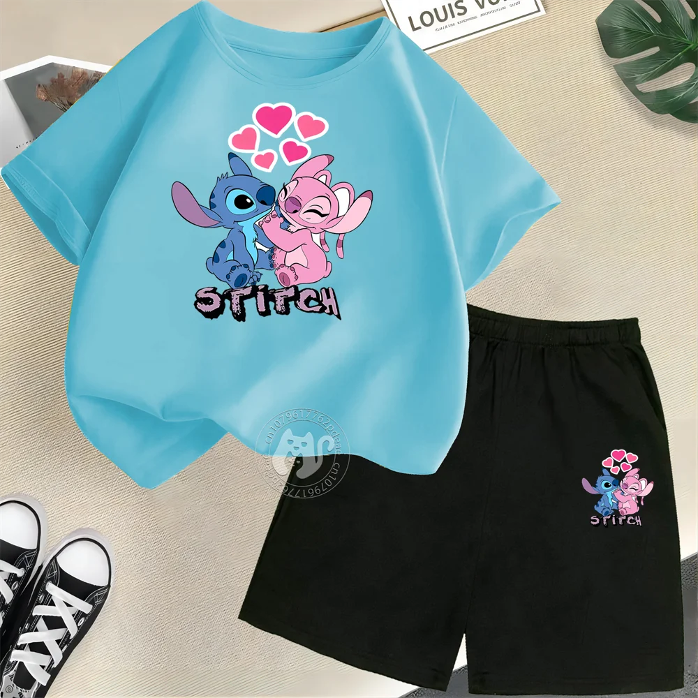 Disney Stitch & Angel Kids' Summer Outfit – 100% Cotton T-Shirt & Shorts Set 🏝️💙