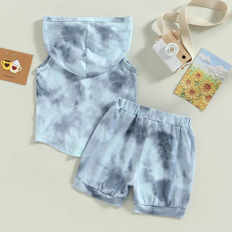 Toddler Boys Tye Dye Sleeveless Hoodie and Shorts Matching Set