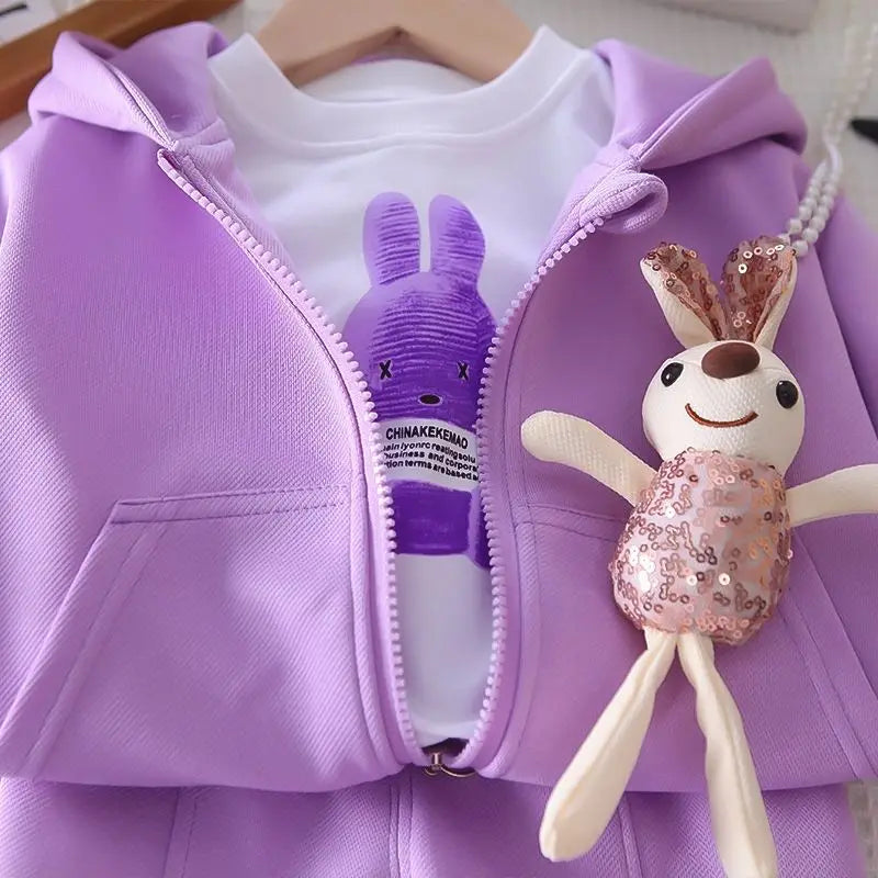 Girls' 3D Rabbit Zip-Up Jacket Jogger Set