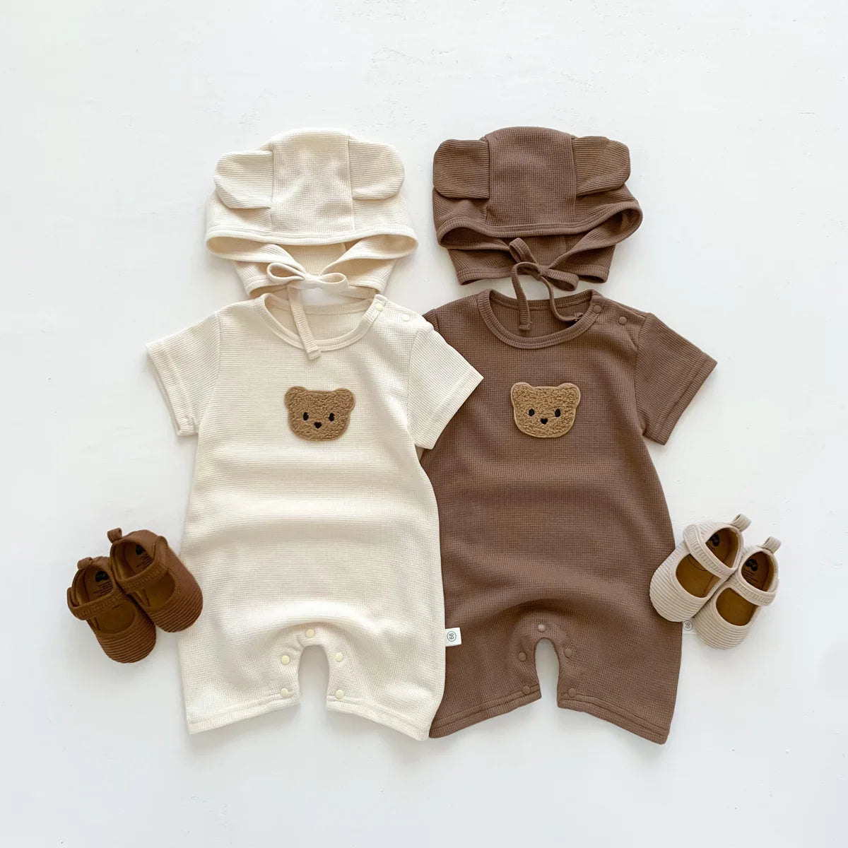 Short Sleeve Waffle Patch Teddy Bear Onesie 0-24M