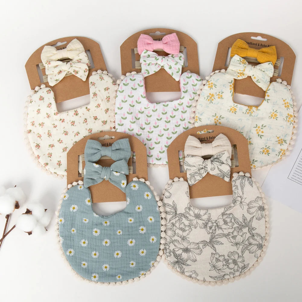 3-Piece Baby Flower Bibs & Headbands Set – Soft & Stylish Baby Accessories