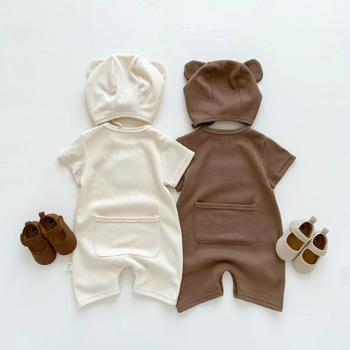 Short Sleeve Waffle Patch Teddy Bear Onesie 0-24M