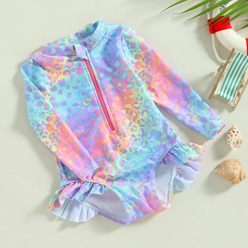 Girls' Long-Sleeve One-Piece Floral Fish Scale Swimsuit with Ruffles