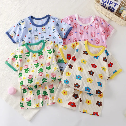 Floral Cartoon Print Pajama Matching Set Toddler and Big Kids (6M-6T)