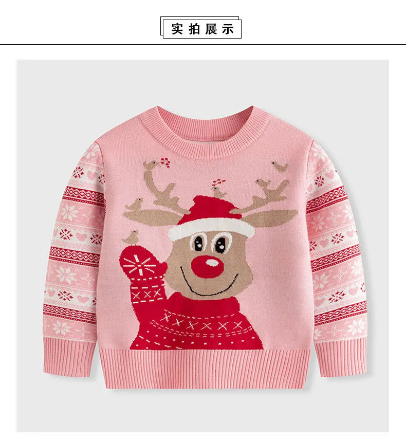 Winter Girls' Reindeer Print Cartoon Sweater – Cute Long-Sleeved Christmas Knit for Girls 🎄🦌