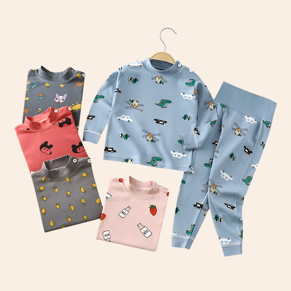 Boys' and Girls' Cotton Long Johns Cartoon Print Pajama Set