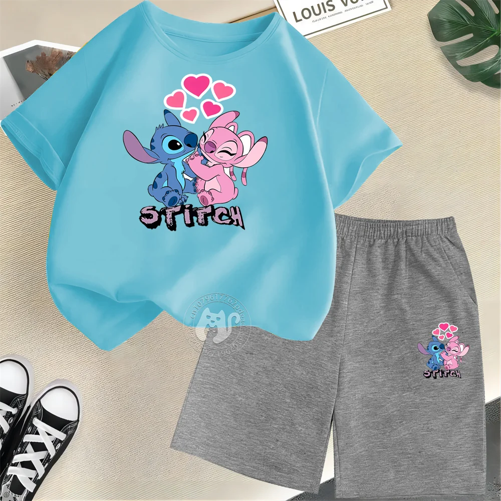 Disney Stitch & Angel Kids' Summer Outfit – 100% Cotton T-Shirt & Shorts Set 🏝️💙