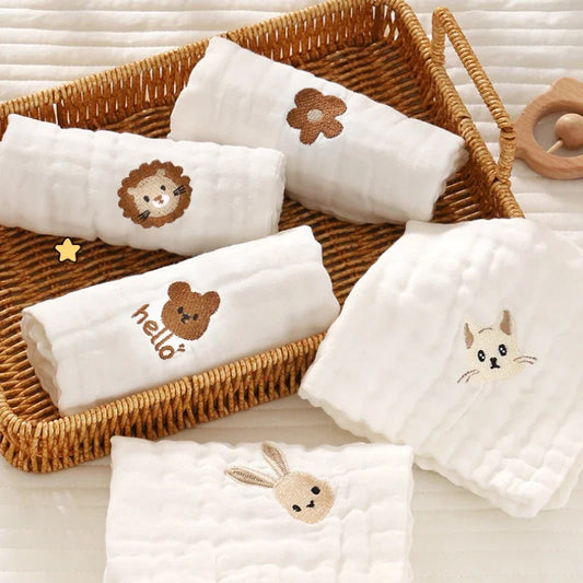 6-Layer Cotton Embroidered Baby Saliva Towels – Soft & Absorbent Washcloths