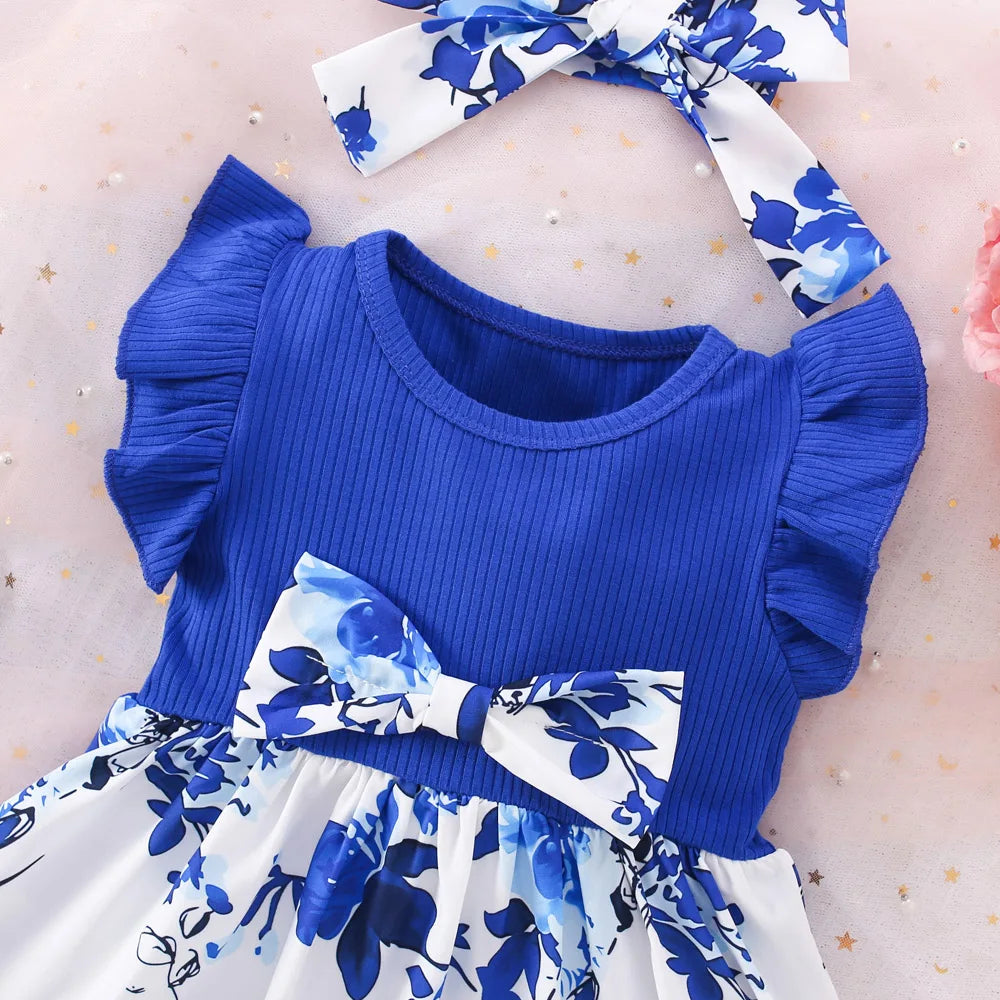 Summer New Blue Bow Baby Girl Dress with Free Hairband – Adorable & Fashionable (6M-3Y) 🎀👗