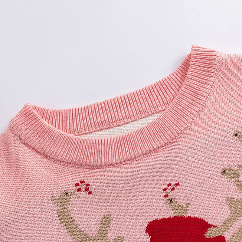 Winter Girls' Reindeer Print Cartoon Sweater – Cute Long-Sleeved Christmas Knit for Girls 🎄🦌