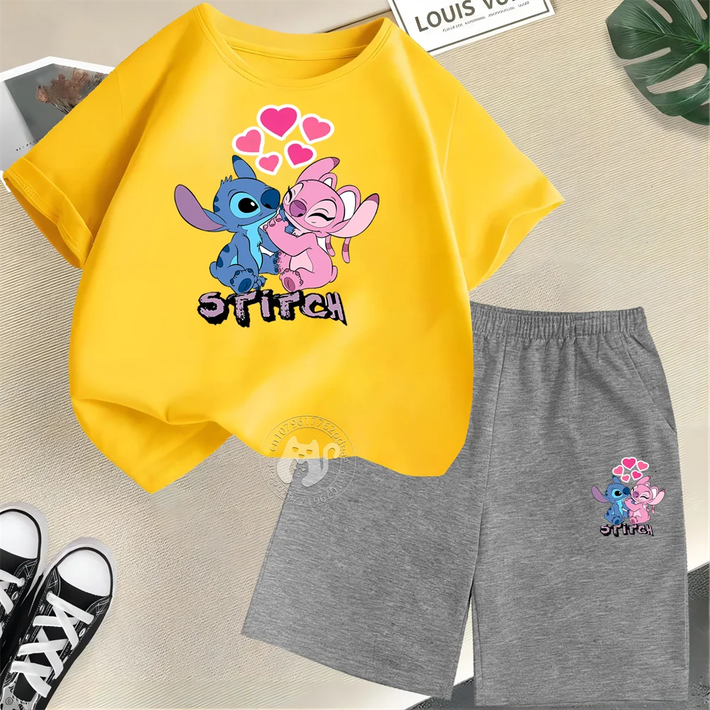 Disney Stitch & Angel Kids' Summer Outfit – 100% Cotton T-Shirt & Shorts Set 🏝️💙