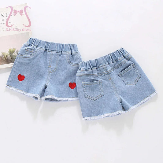 Sweet Red Heart Print Toddler Girls Denim Shorts