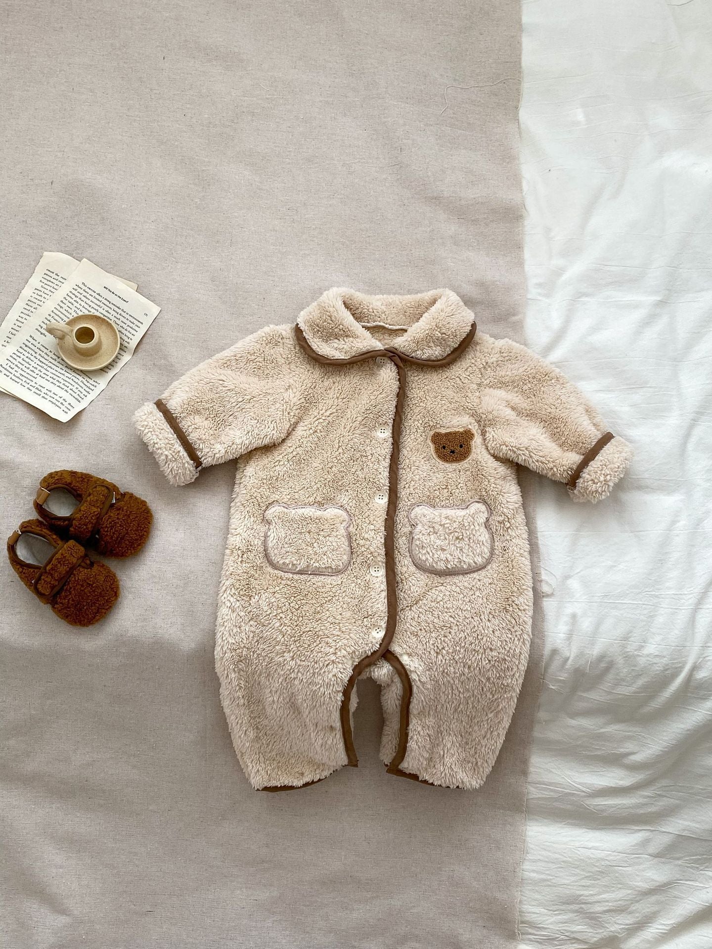 Brown Fleece Winter Button Up Onesie